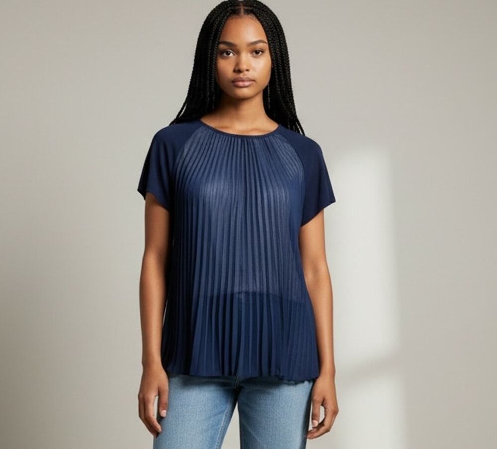Weekend Max Mara Blue Pleated Chiffon Front Top Women's M Made in Italy NWT